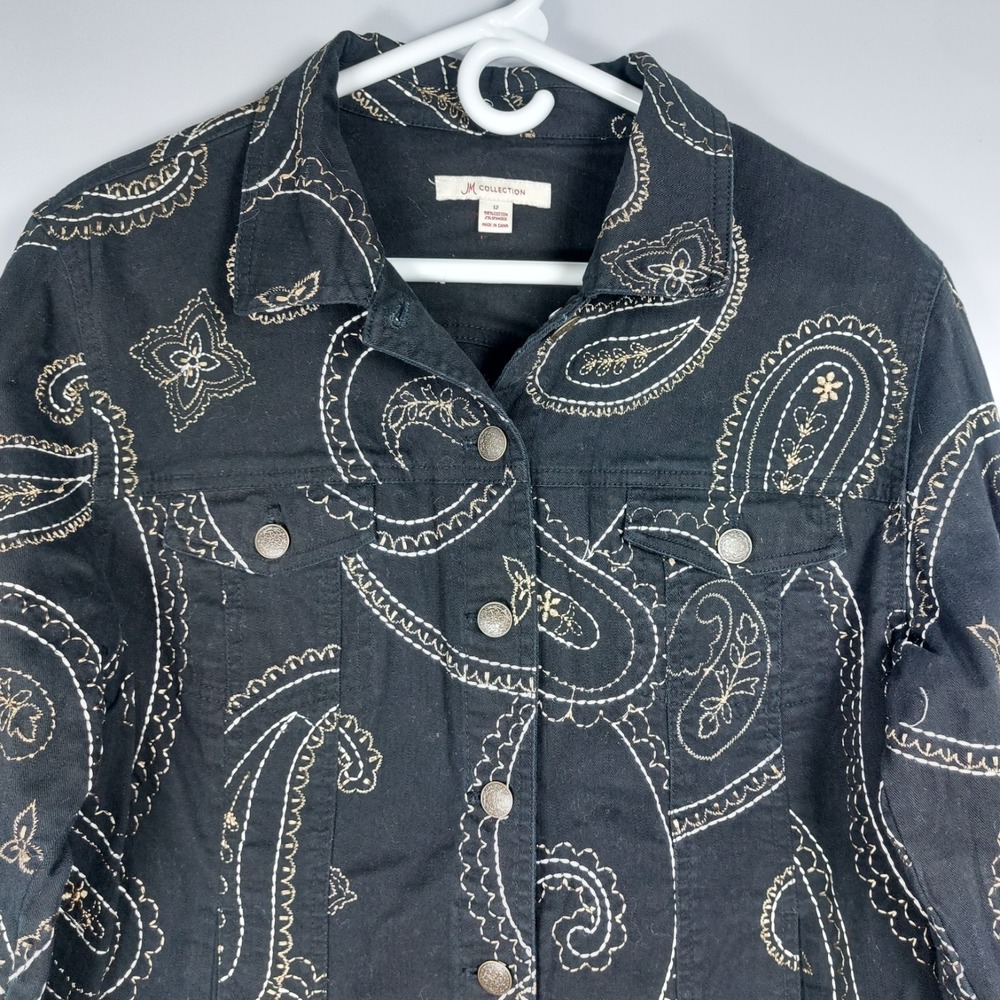 JM Collection Black Denim Blazer Jacket Paisley Gold Silver Stitching Wms 12 - Picture 2 of 6
